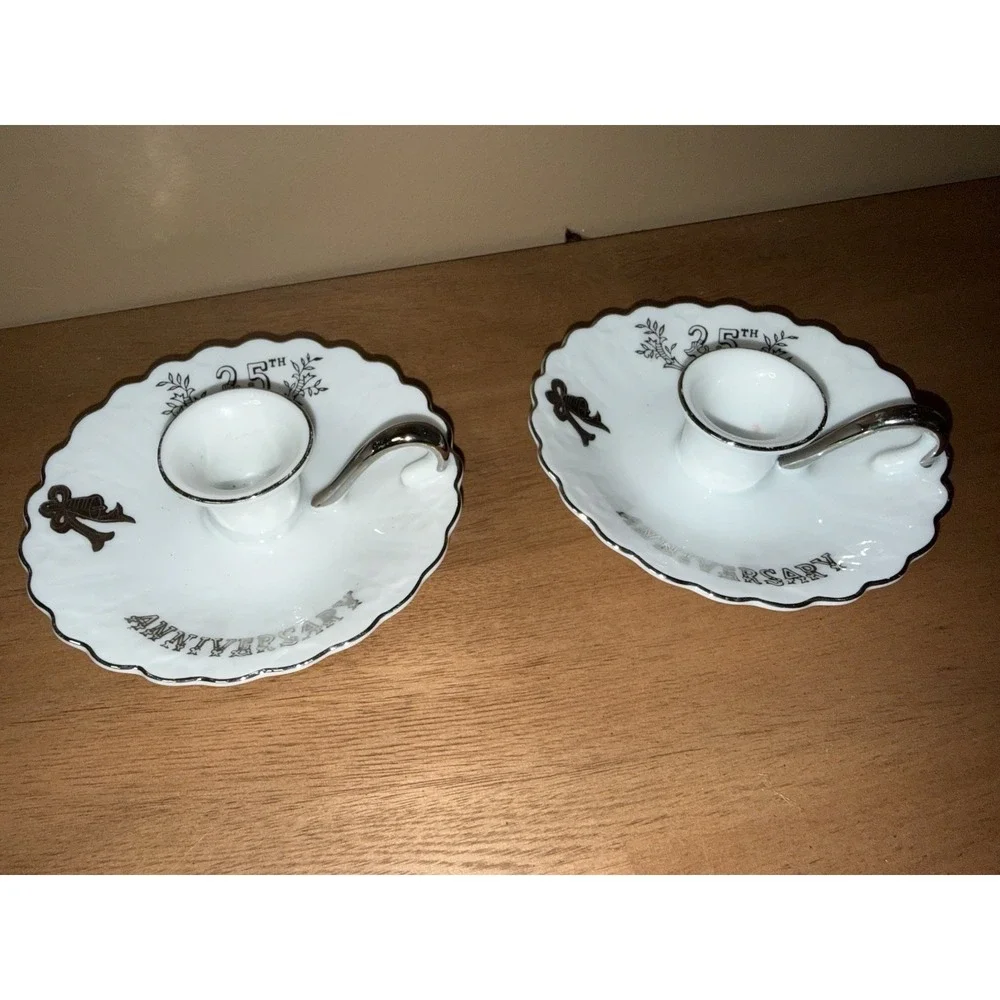 Vintage Lefton China 25th Anniversary Candle Holders Pair Silver Trim 6940 Japan